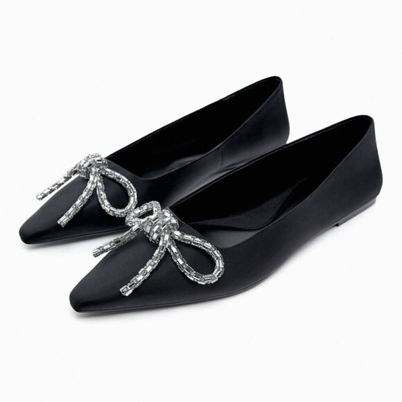 ZARA EMBELLISHED BOW BALLET FLATS BLACK SIZE| 2577/010 - Picture 1 of 11
